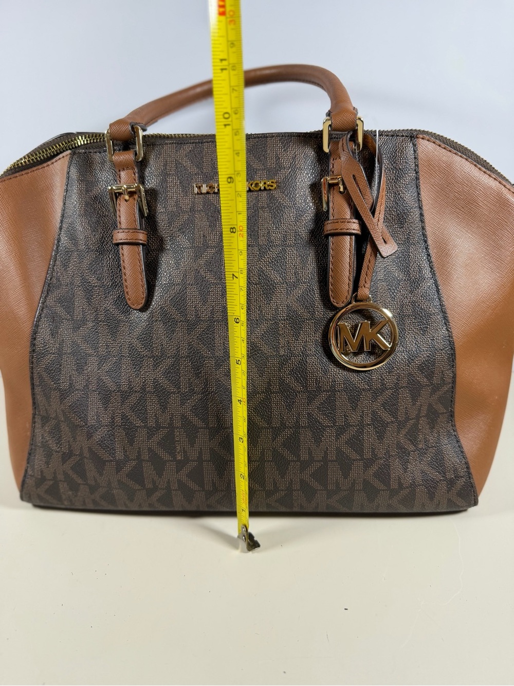 Michael Kors Brown Logo Dome Satchel with Tan Trim and Gold Hardware - Picture 9 of 9